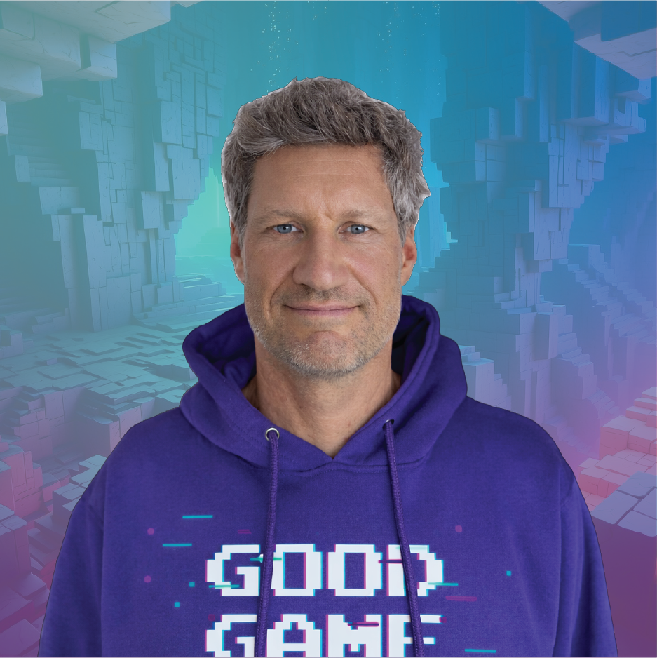A person wearing a purple hoodie with the words "Good Game" written on it, standing in front of a digital, blocky background with blue and purple hues.