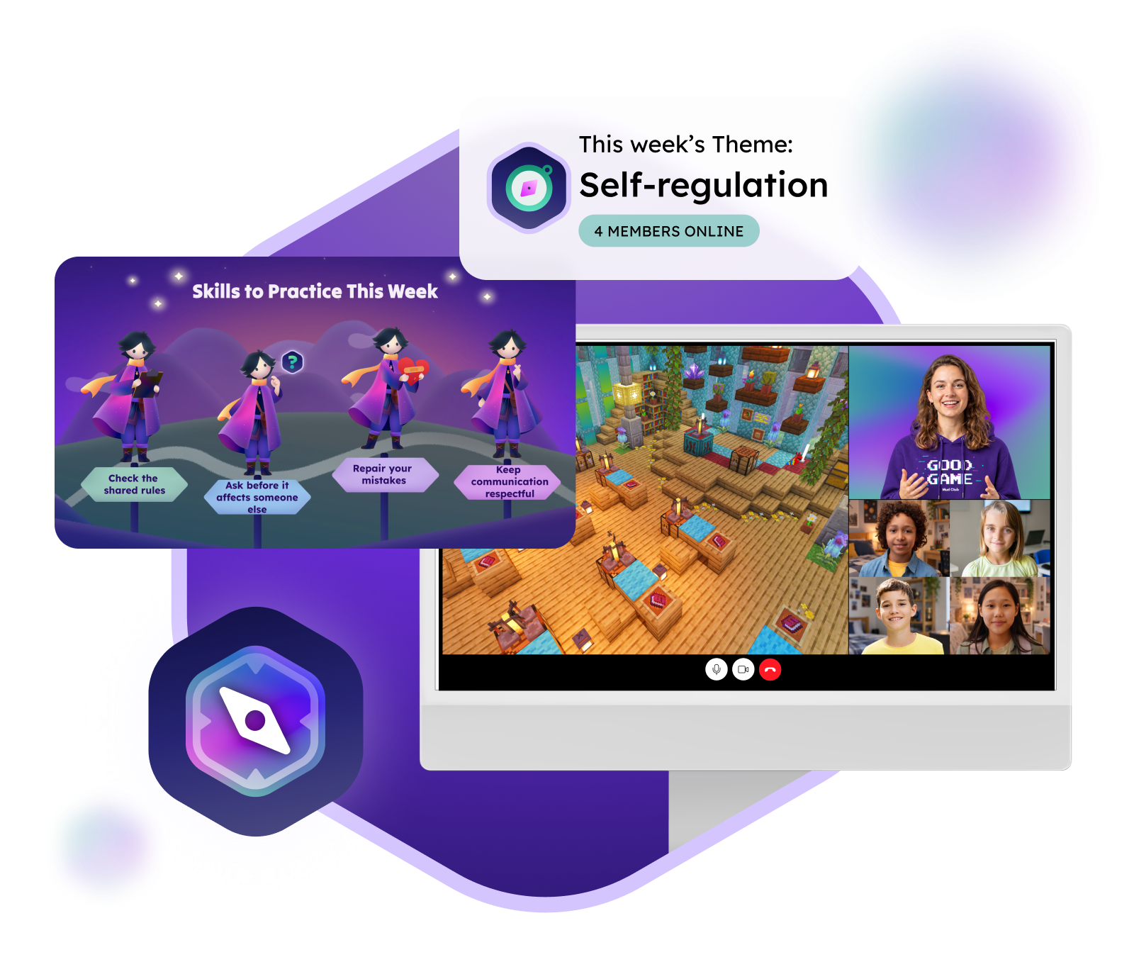 A small-group video session showing a Minecraft build, a therapy team member, and four members on screen, next to a "Skills to Practice This Week" slide and a card for this week's theme, Self-regulation.