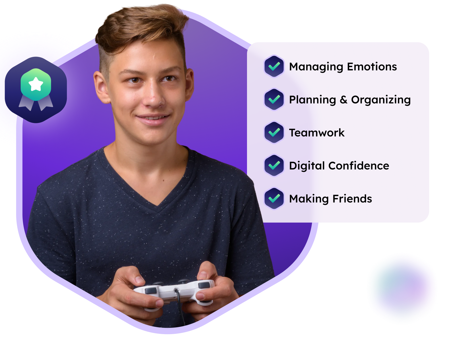 A smiling teen holding a game controller, next to a checklist of skills: managing emotions, planning and organizing, teamwork, digital confidence, and making friends.