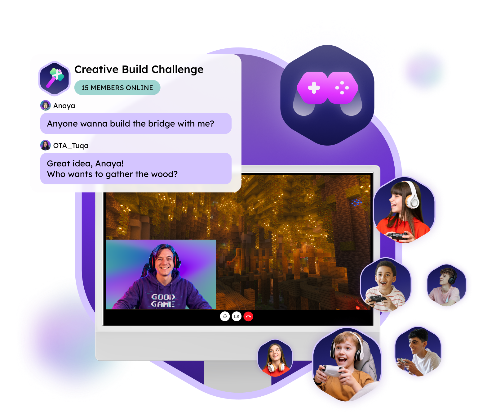 A live group stream showing a Minecraft cave world and a therapy team member on screen, surrounded by smiling members playing together, with a chat from a Creative Build Challenge where members plan a bridge build.