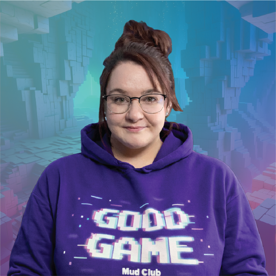 Therapist with shoulder-length brown hair, wearing a purple "Good Game Mud Club" T-shirt, against a digital, cube-like geometrical background in shades of blue and purple.