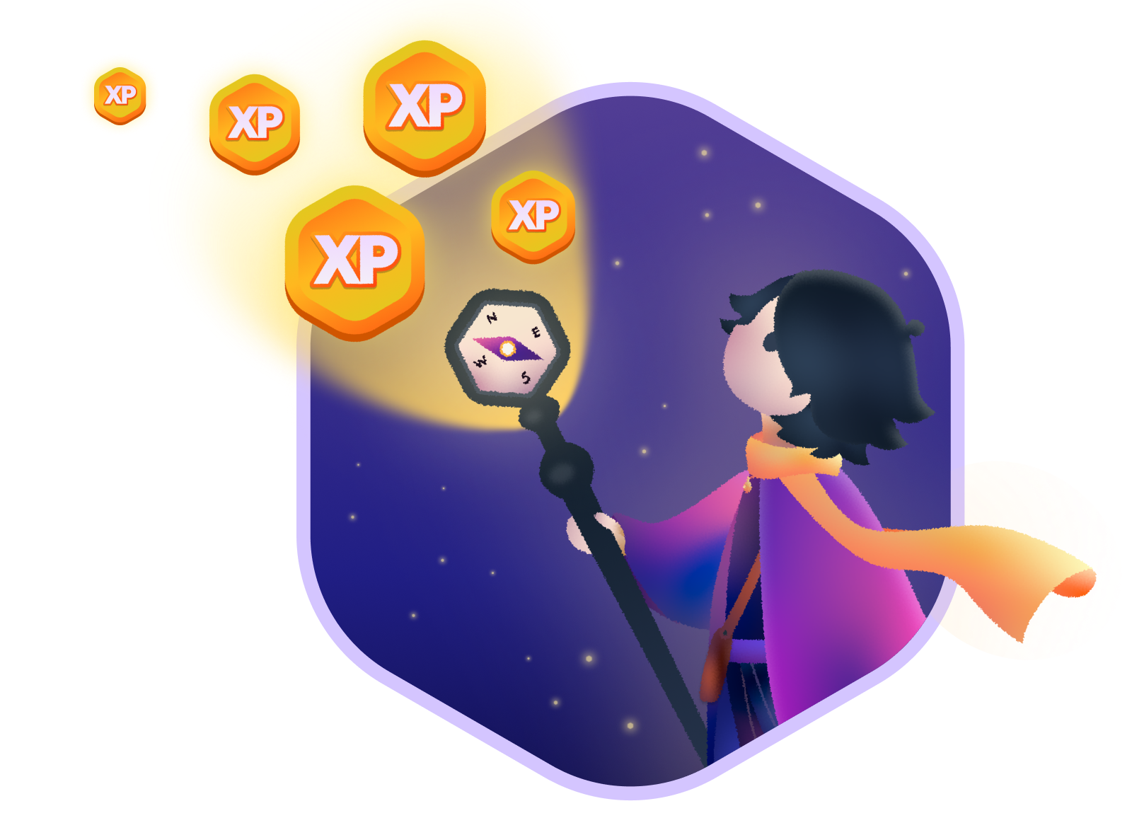 Illustration of Aris, Mud Club's character, raising a glowing compass staff as Mud Club XP coins float up into the night sky.
