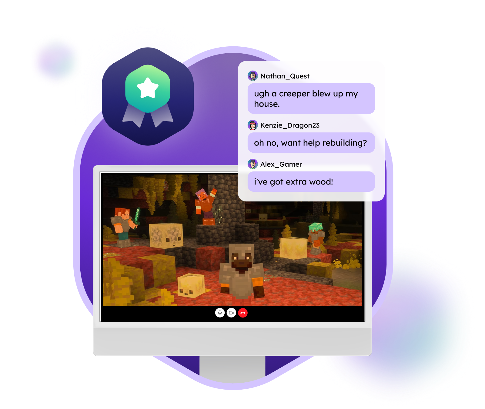 Minecraft gameplay on a computer screen, next to a chat where one member's house was blown up by a creeper and two others offer to help rebuild it.