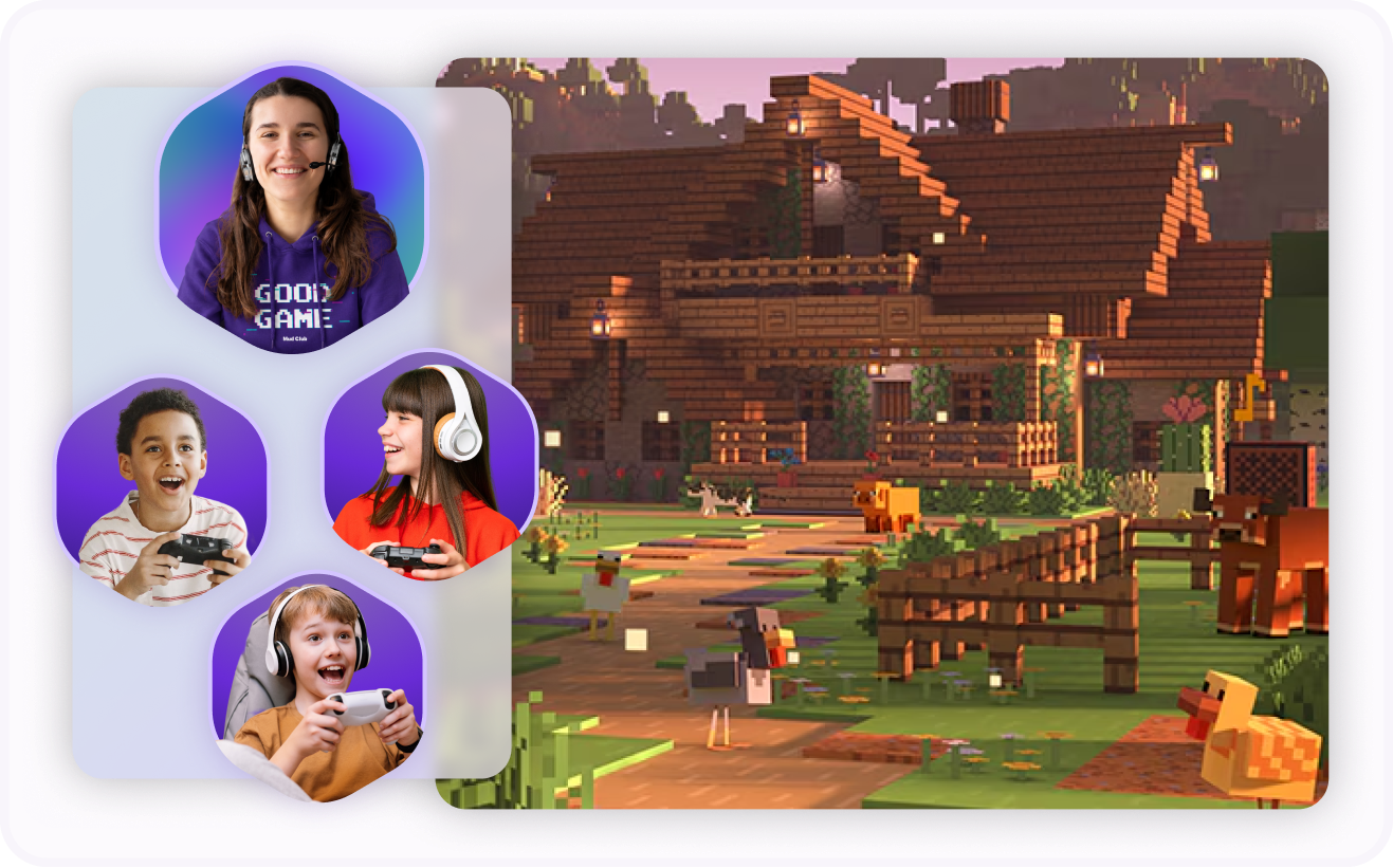 A Minecraft village scene beside portraits of a therapy team member and four smiling kids and teens playing with game controllers.