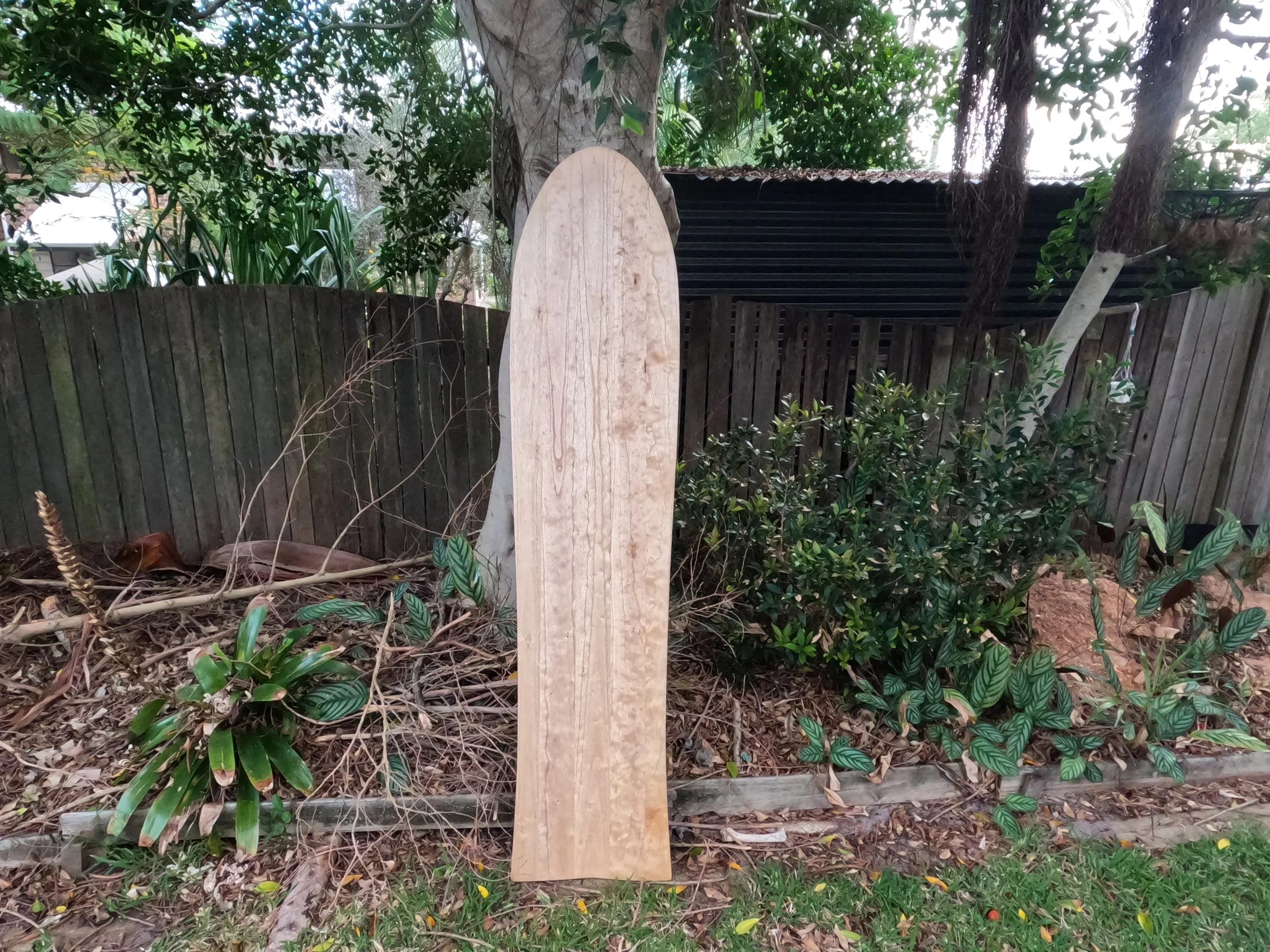 A large, unfinished wooden surfboard-shaped piece leans against a tree in a backyard garden, with plants, fallen leaves, and a wooden fence in the background.