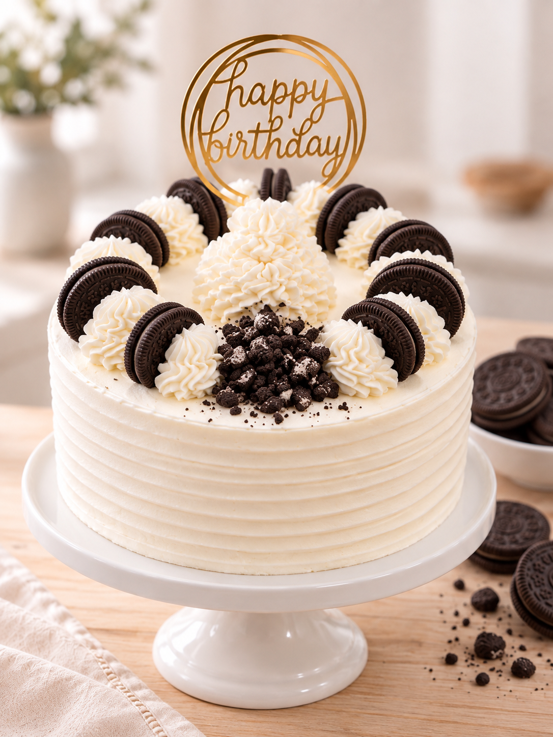 Oreo Cake, Black Pearl Center, Vanilla Buttercream topped with Oreo Cookies