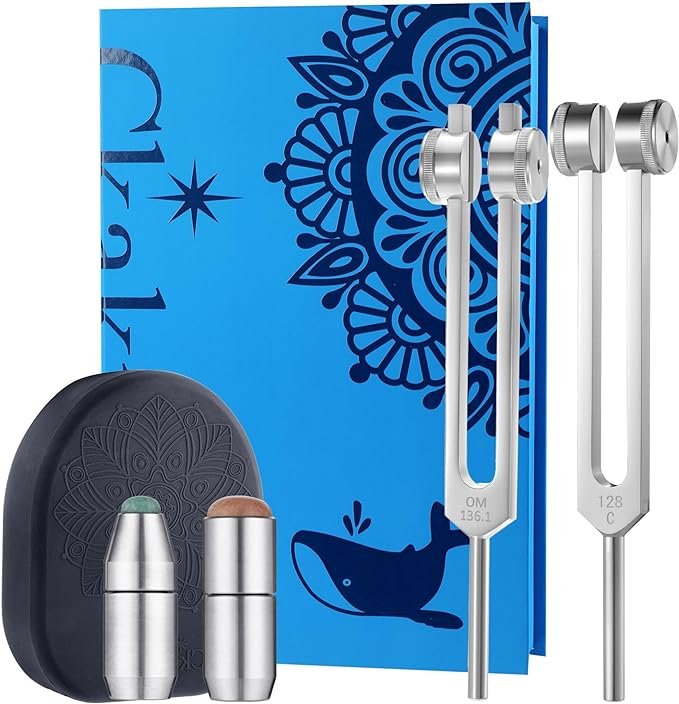 Ckakra Pack of 2 Weighted Tuning Forks with Natural Gemstone Trigger Point for Sound &Body Healing, OTTO128& OM136.1, Vibration Therapy Tools...