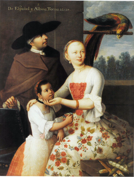    “De español y albina, torna atrás”   attributed to Miguel Cabrera Katzew, Ilona. "Casta Painting: Images of Race in Eighteenth-Century Mexico.   