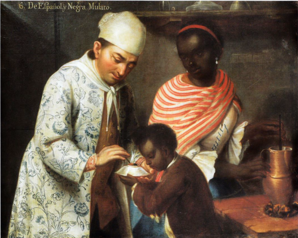    "de español y negro, mulato"   attributed to José de Alcíbar  Katzew, Ilona. "Casta Painting: Images of Race in Eighteenth-Century Mexico.  