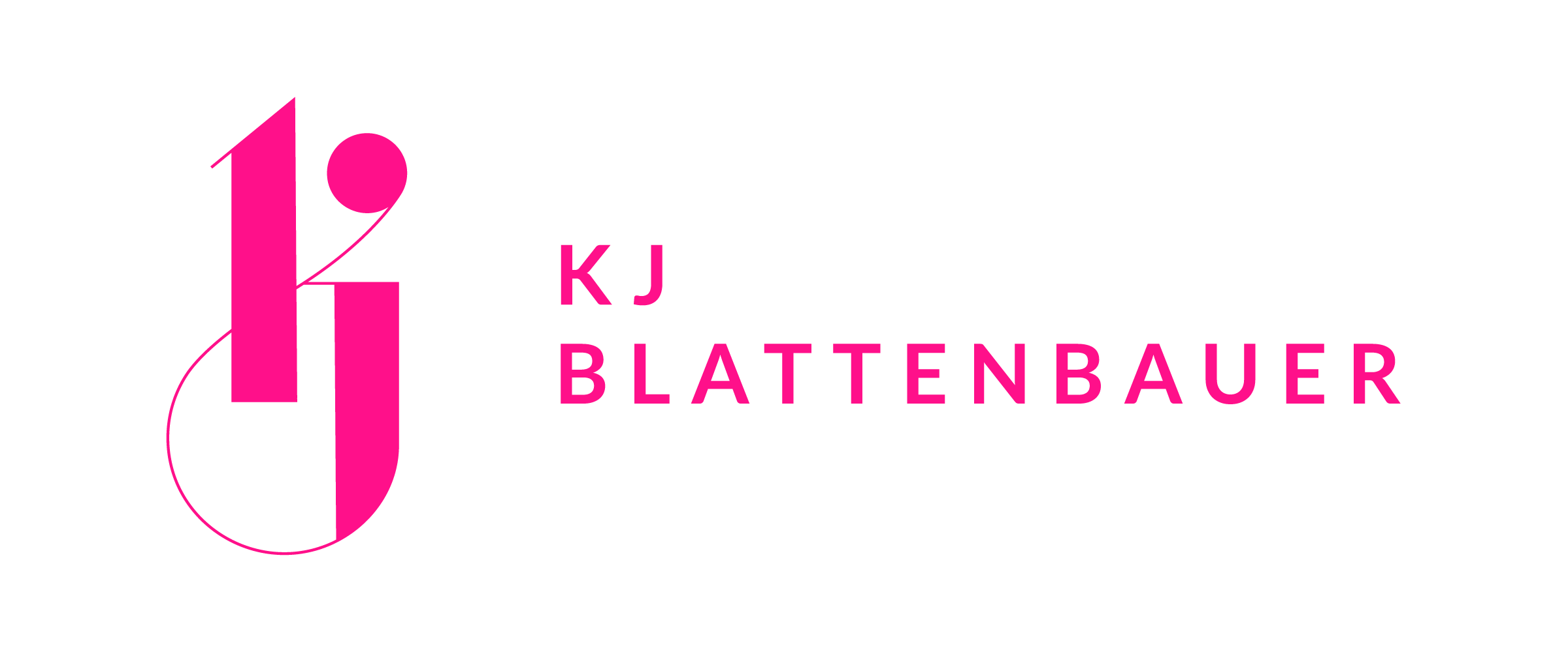 Black background with pink text and elements, featuring the name 'KJ Blattenbauer' and a stylized monogram logo combining the initials 'K' and 'B'.