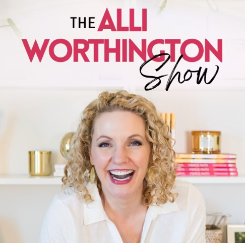 Promotional image of the Alli Worthington Show featuring a smiling blonde woman with curly hair, in a white top, against a white background with shelves and stacked pink books.