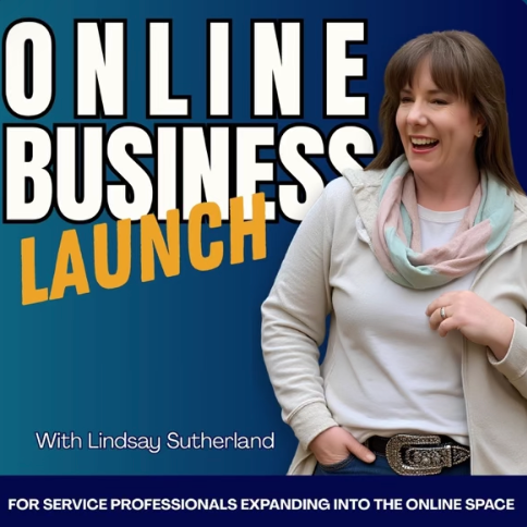 Book cover titled 'Online Business Launch' featuring Lindsay Sutherland with a woman smiling, wearing a light jacket and scarf, against a blue background.