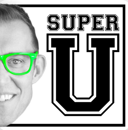 Partial view of a smiling person's face with glasses, beside a bold letter U and the word SUPER on top, suggesting a superhero or super student theme.
