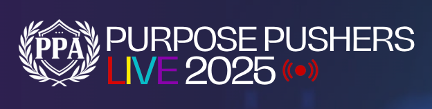 Logo for Purpose Pushers Live 2025 event, featuring PPA emblem, event name, and date in colorful text with a dark background.