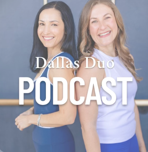 Two women smiling back-to-back with text overlay that reads 'Dallas Duo PODCAST' in front of a gray background