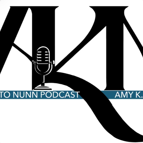 Logo for the 'To Nunn Podcast' featuring a large black 'K' with a vintage microphone in front, and the text 'TO NUNN PODCAST' and 'AMY K.' on a blue banner below.