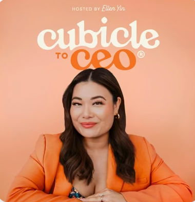 Book cover titled 'Cubicle to CEO' hosted by Ellen Yin, featuring woman in orange blazer smiling against a peach background.