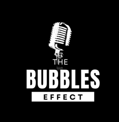A black background with a vintage microphone at the top, and the text 'The Bubbles Effect' in bold white letters below, with 'Effect' inside a white rectangular box.