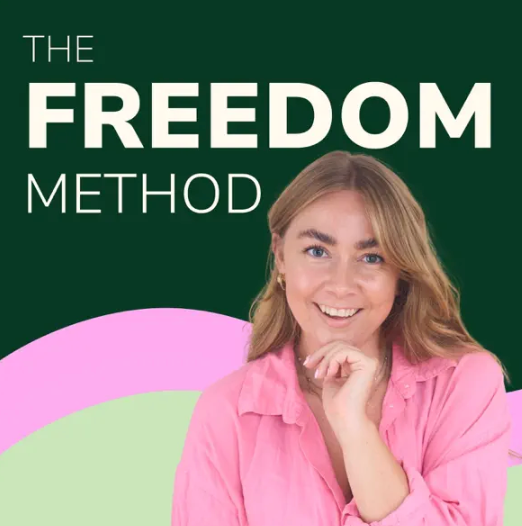 A smiling woman in a pink shirt standing in front of a green background with text that reads 'The Freedom Method'.