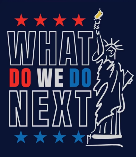 Poster with five red stars, the Statue of Liberty outline, and the text 'What do we do next' in red, white, and blue colors.