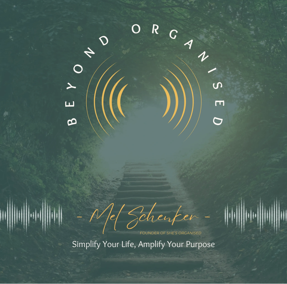 A logo for 'Beyond Organized' featuring a circular design with sound wave elements on a forest path background, with the text 'Mel Schenker, Founder of She's Organized', and the slogan 'Simplify Your Life, Amplify Your Purpose'.