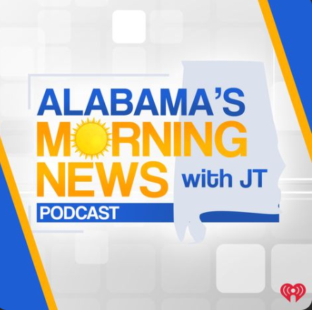Logo for Alabama's Morning News with JT podcast, featuring blue, yellow, and white text and a heart-shaped icon in the bottom right corner.