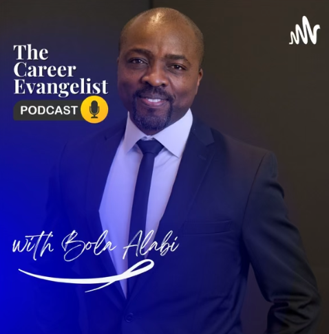 Promotional graphic for 'The Career Evangelist' podcast with Bol Abibi, featuring a man in a suit and tie, with the podcast's name and a microphone icon.