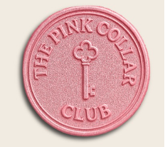 Round pink badge with the text 'The Pink Collar Club' and a key symbol in the center.