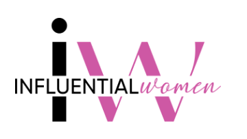Graphic text design reading 'influential women' with the words creatively arranged in different fonts and colors, including black and pink.