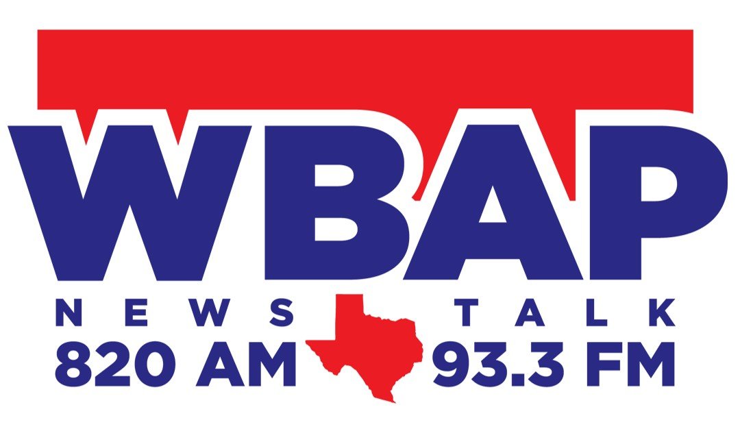 Logo for WCAP News Talk, featuring red, white, and blue colors with a Texas outline in red.