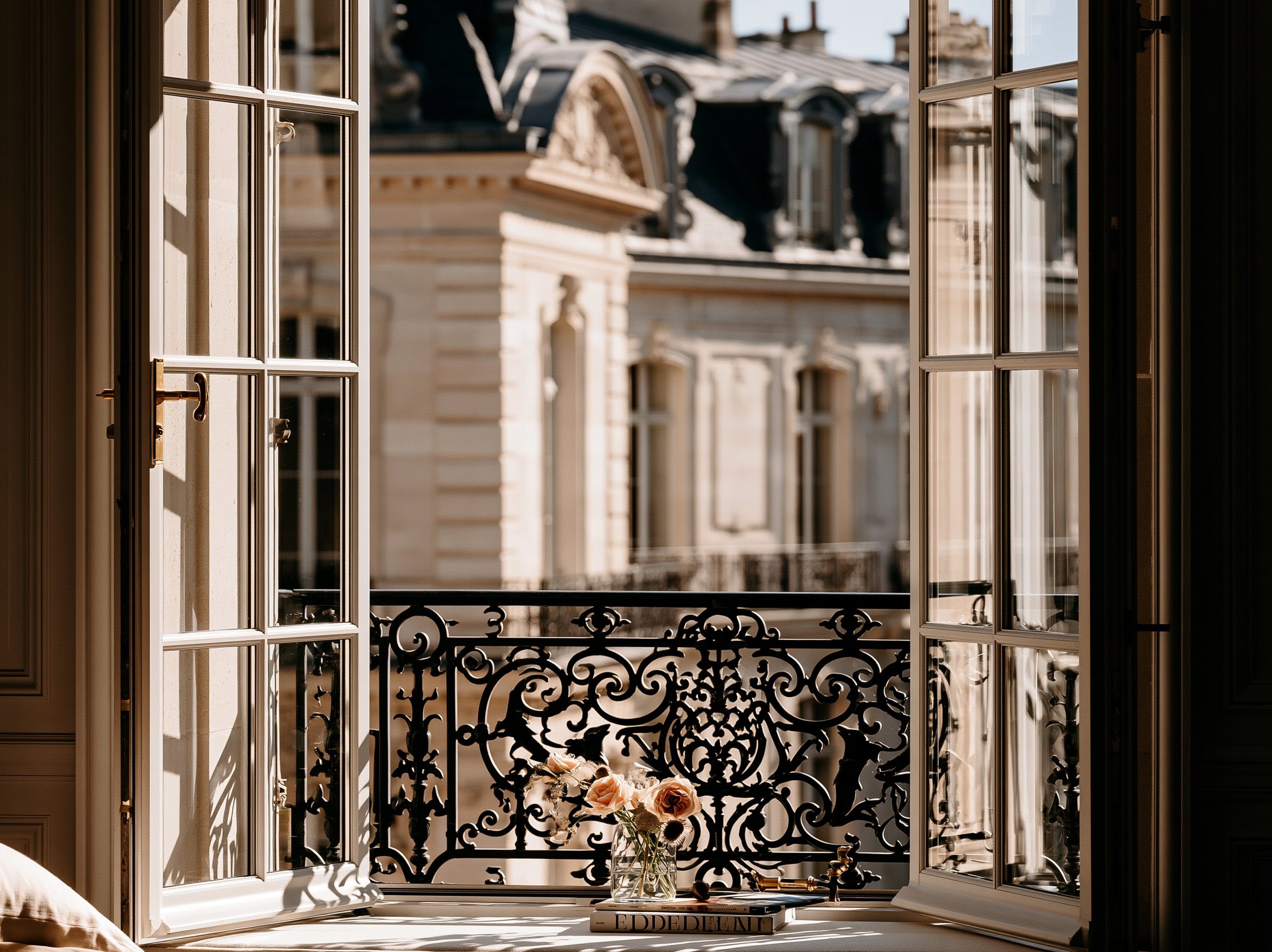 Open French doors leading to a balcony with black wrought iron railing, overlooking a historic building with ornate architectural details, and a vase of pink roses on a ledge.