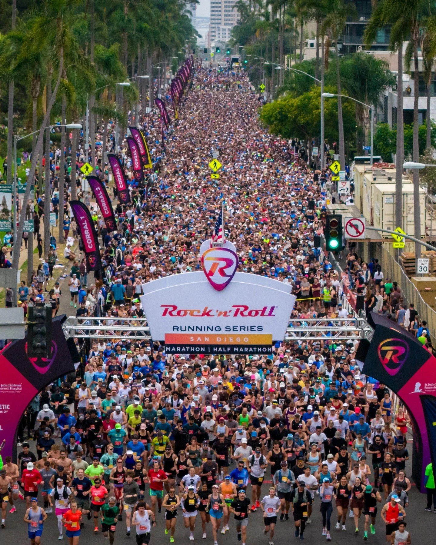A large crowd of marathon runners participating in the Rock 'n' Roll San Diego Half Marathon, running through a city street lined with palm trees and buildings, under an archway with race signage.