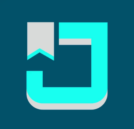 Stylized logo combining a letter J and a bookmark icon in teal and gray colors.