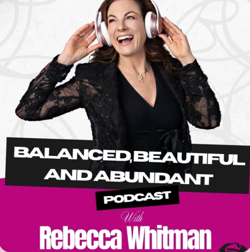 Woman wearing a black lace top and large headphones, smiling and holding the headphones with both hands. Podcast promotional graphic with bold text.