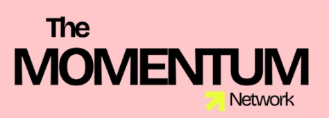 Logo for The Momentum Network with pink background and black text, featuring a yellow arrow.