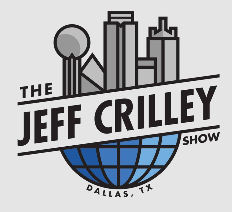 Logo for The Jeff Crilley Show featuring a stylized city skyline and globe, with text indicating Dallas, TX.