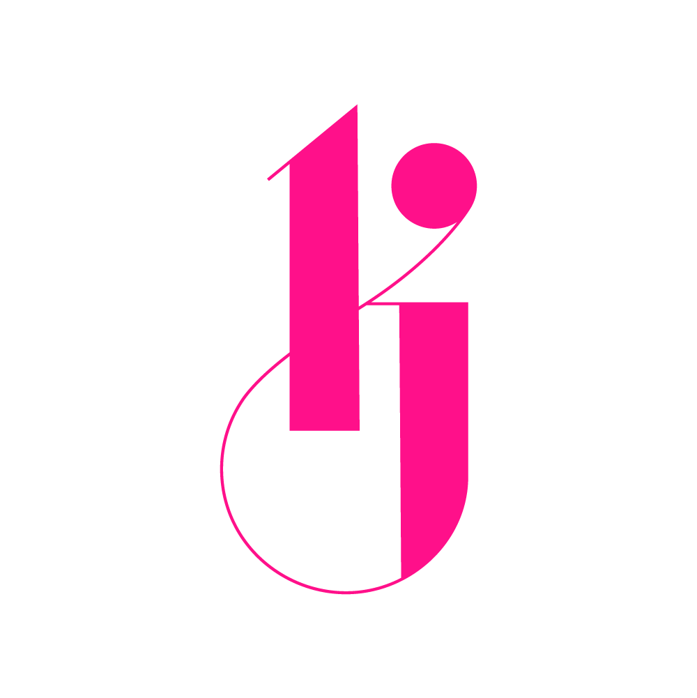 Pink stylized number 1/2 with a circle on top, set against a black background.