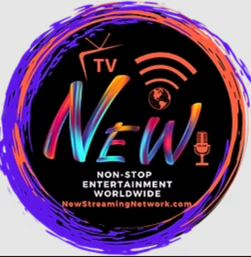 Colorful logo with the word 'NEW' in vibrant rainbow colors, featuring icons of a TV, Wi-Fi signal, globe, and microphone, promoting non-stop worldwide entertainment on NewStreamingNetwork.com.