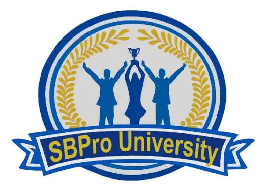 Logo of SBPro University featuring three silhouetted figures celebrating with a trophy, surrounded by a laurel wreath, with the university name on a banner.