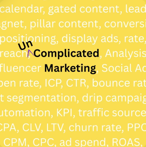 Text on a yellow background discussing marketing concepts, with an annotation pointing to the word "Un" in pink.