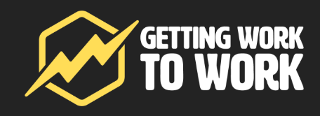 Logo with a yellow upward arrow inside a hexagon and the text 'Getting Work to Work'
