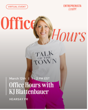 Photo of a smiling woman with short blonde hair wearing a white T-shirt that says 'Talk of the Town' and pink pants, promoting an online event titled 'Office Hours with KJ Blattenbauer' scheduled for March 12 from 1 to 2 PM EST.
