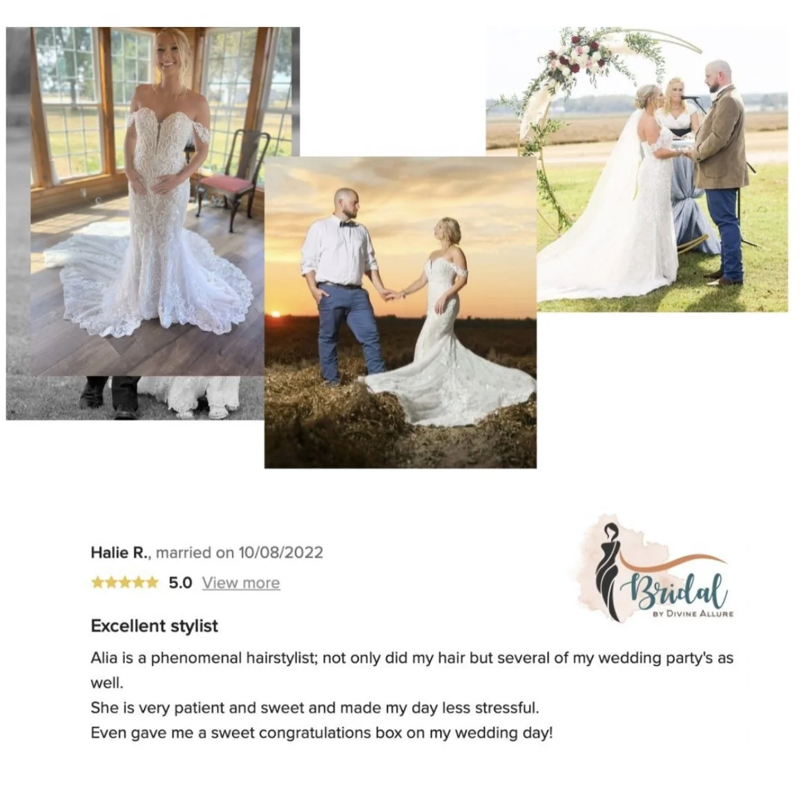 Collection of wedding photos including a bride in lace wedding dress, bride and groom exchanging vows outdoors, and a couple holding hands at sunset, with a review and logo for bridal styling services.