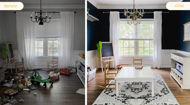 Side-by-side comparison of a child's playroom before and after renovation. The 'Before' image shows clutter, toys strewn on the floor, and a dark, unorganized space. The 'After' image displays a clean, bright room with a white wall, organized toys and furniture, a patterned black-and-white rug, and a chandelier hanging from the ceiling.