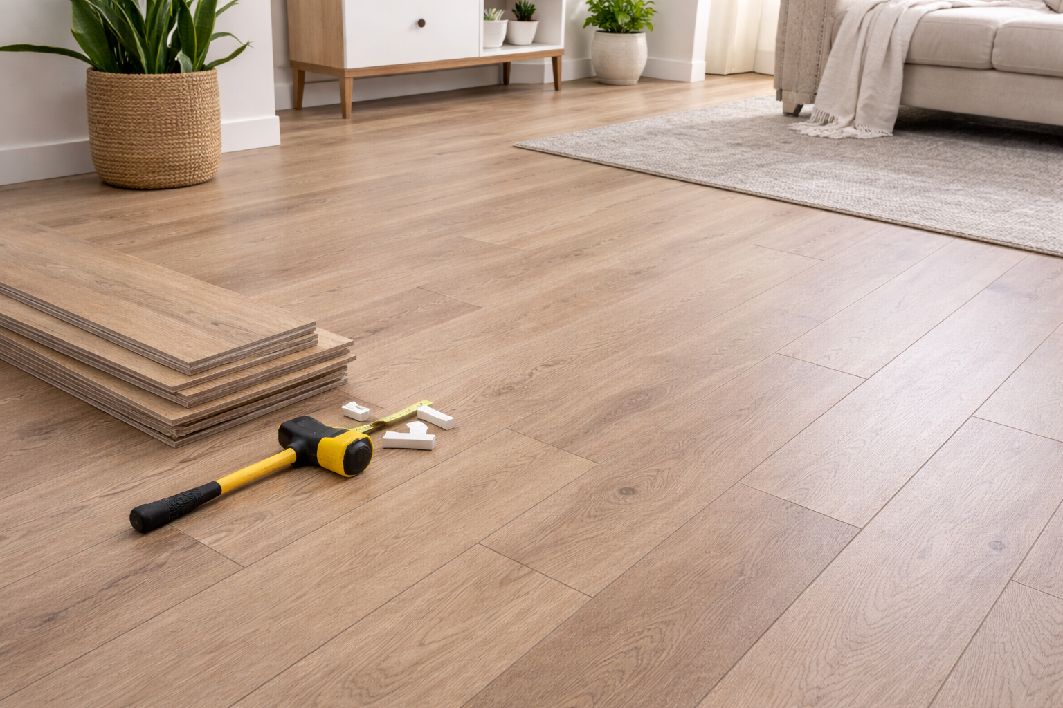 New hardwood flooring being installed in a living room. There are stacked planks, a hammer with a measuring tape, and small spacers on the floor. The room has potted plants and a cozy rug.