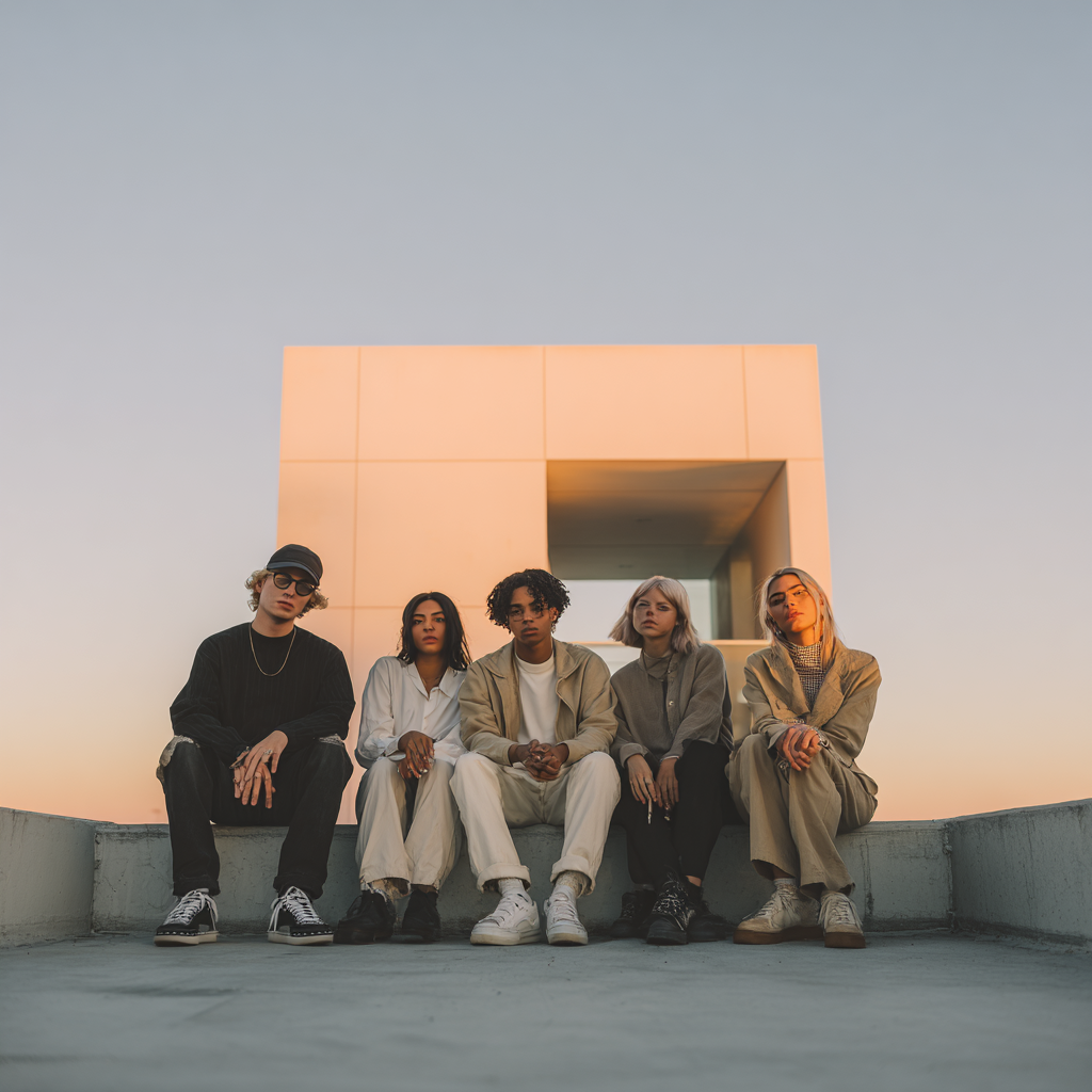 Five young adults sitting on a concrete ledge in front of a modern architectural structure during sunset.
