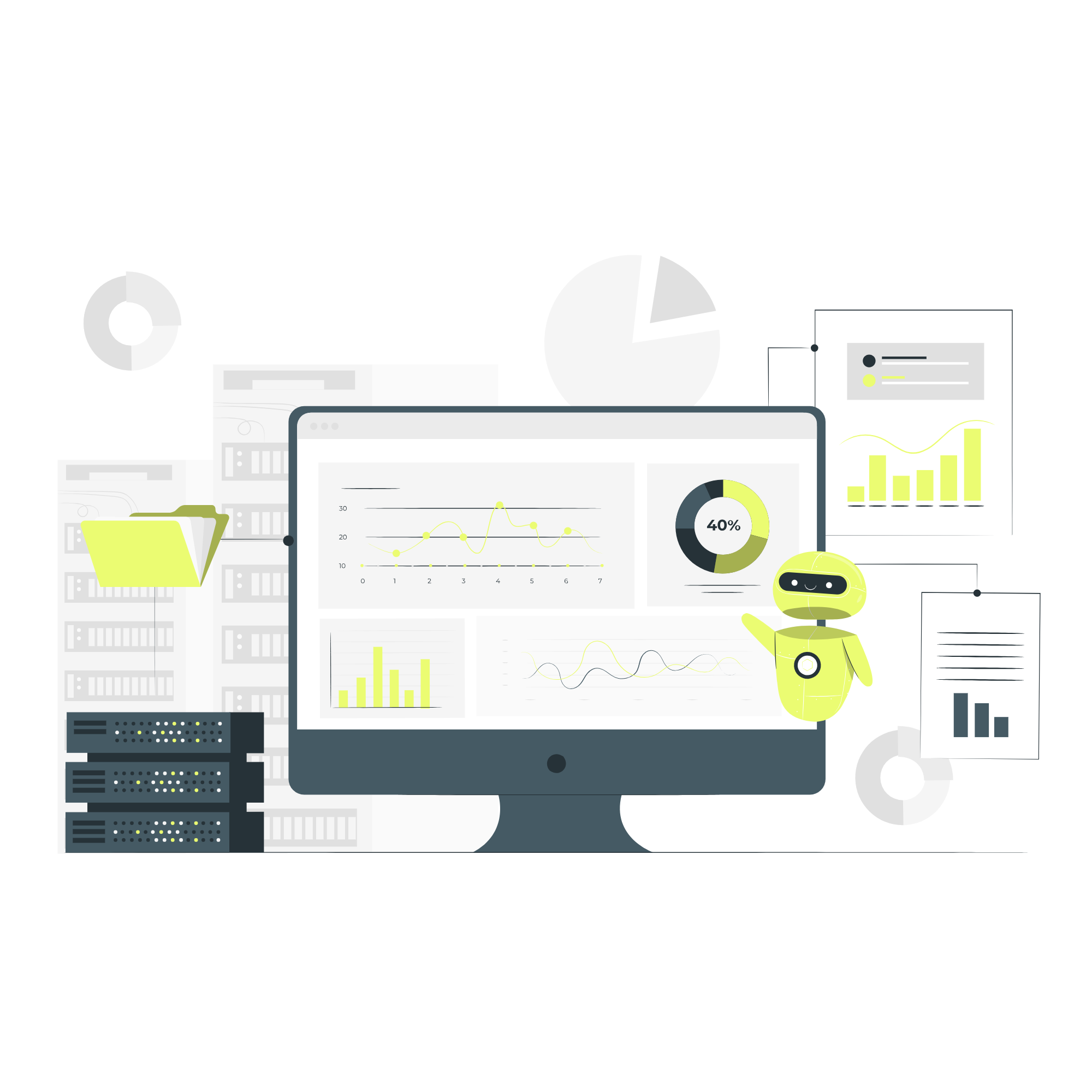 data image with lots of screens showing spreadsheets with charts