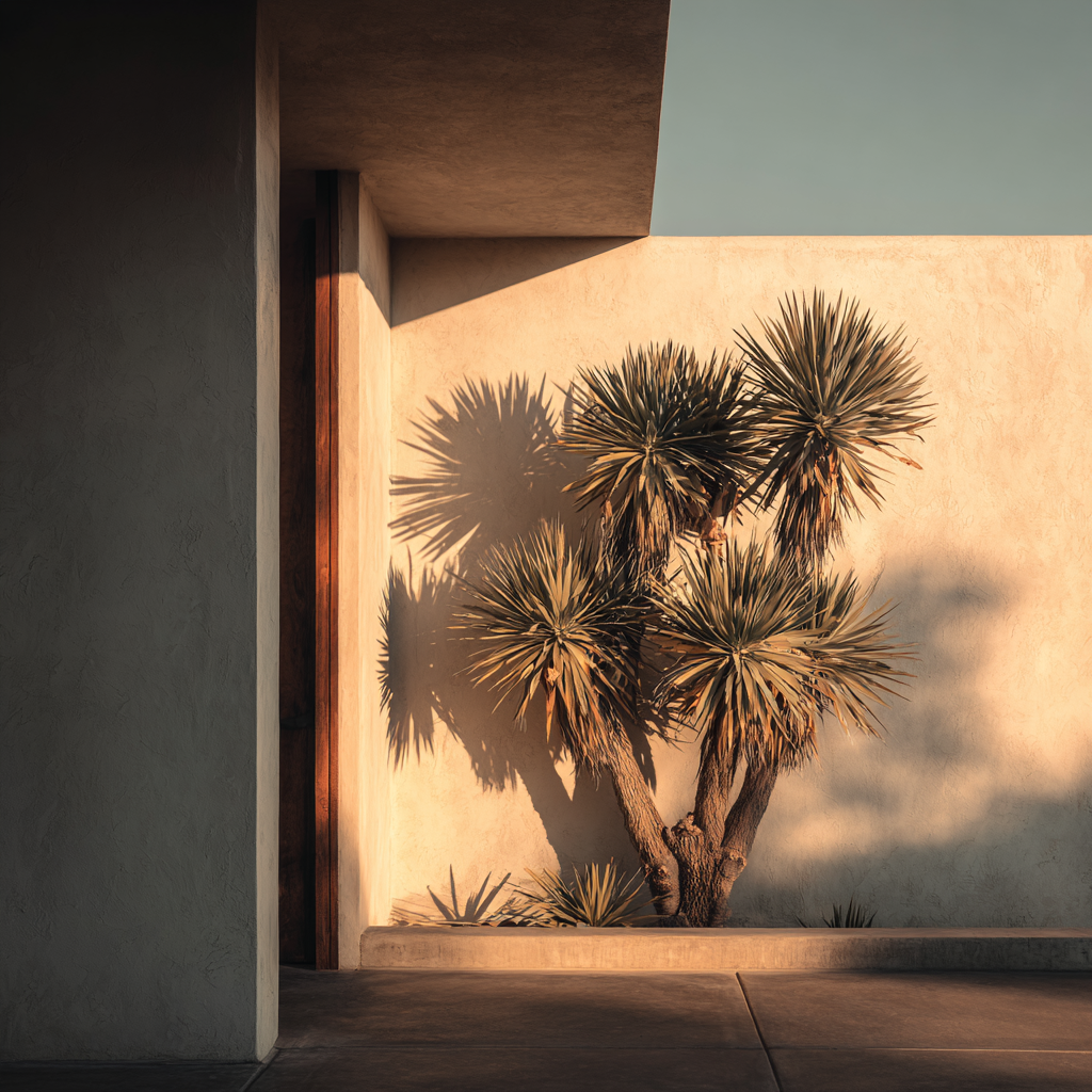 A desert plant with spiky leaves casting shadows on a beige wall in sunlight.