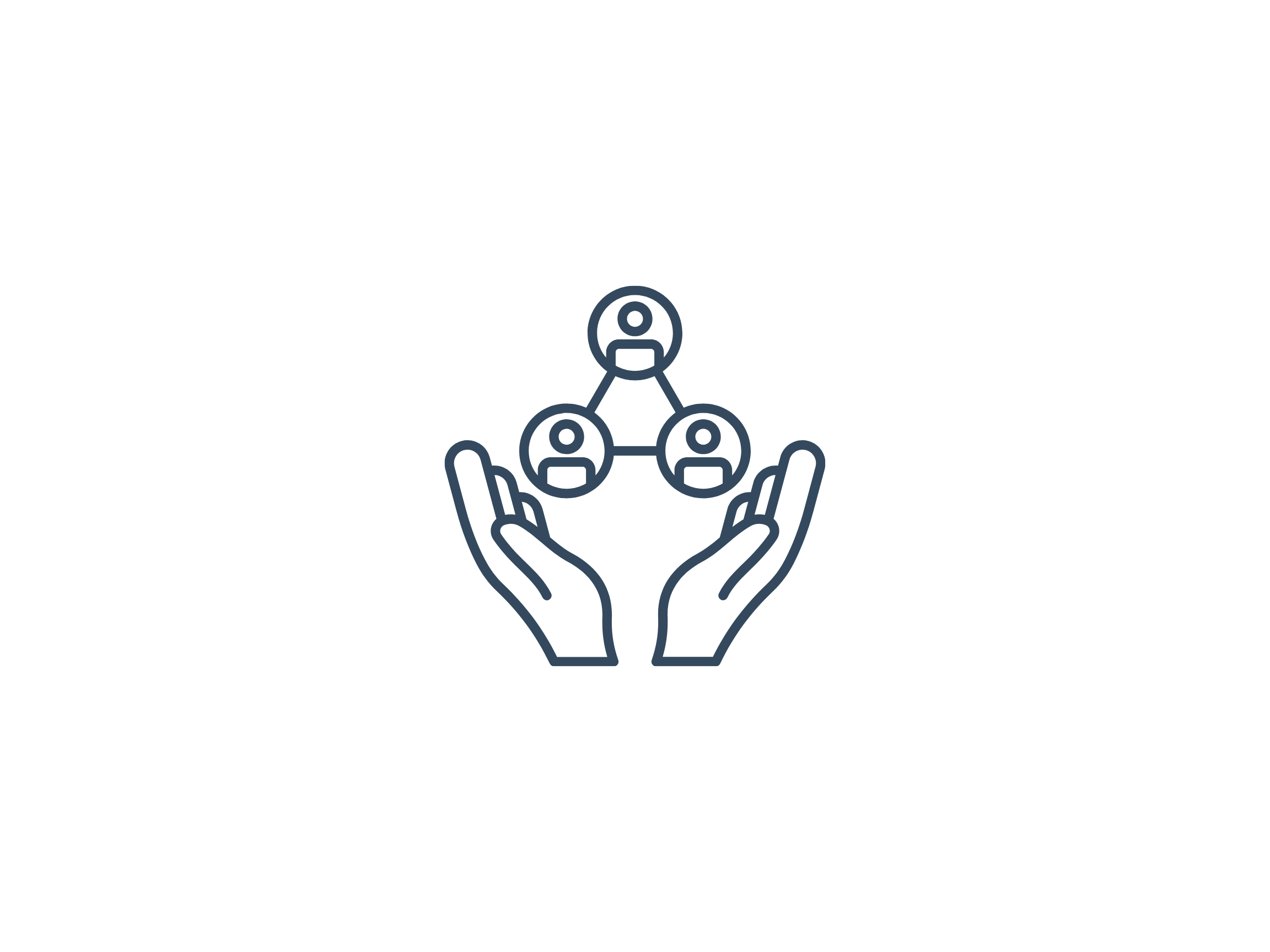Icon of two hands holding a network of three connected people, representing community or teamwork.
