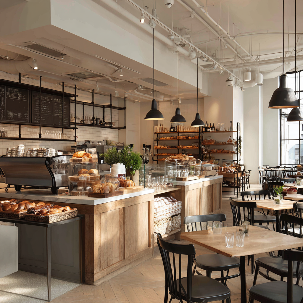 Interior of a modern bakery with baked goods on display, wooden tables with chairs, and pendant lights hanging from the ceiling.